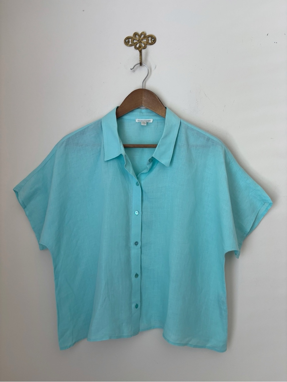 Eileen Fisher Aqua Organic Linen Short Sleeve Shirt Medium